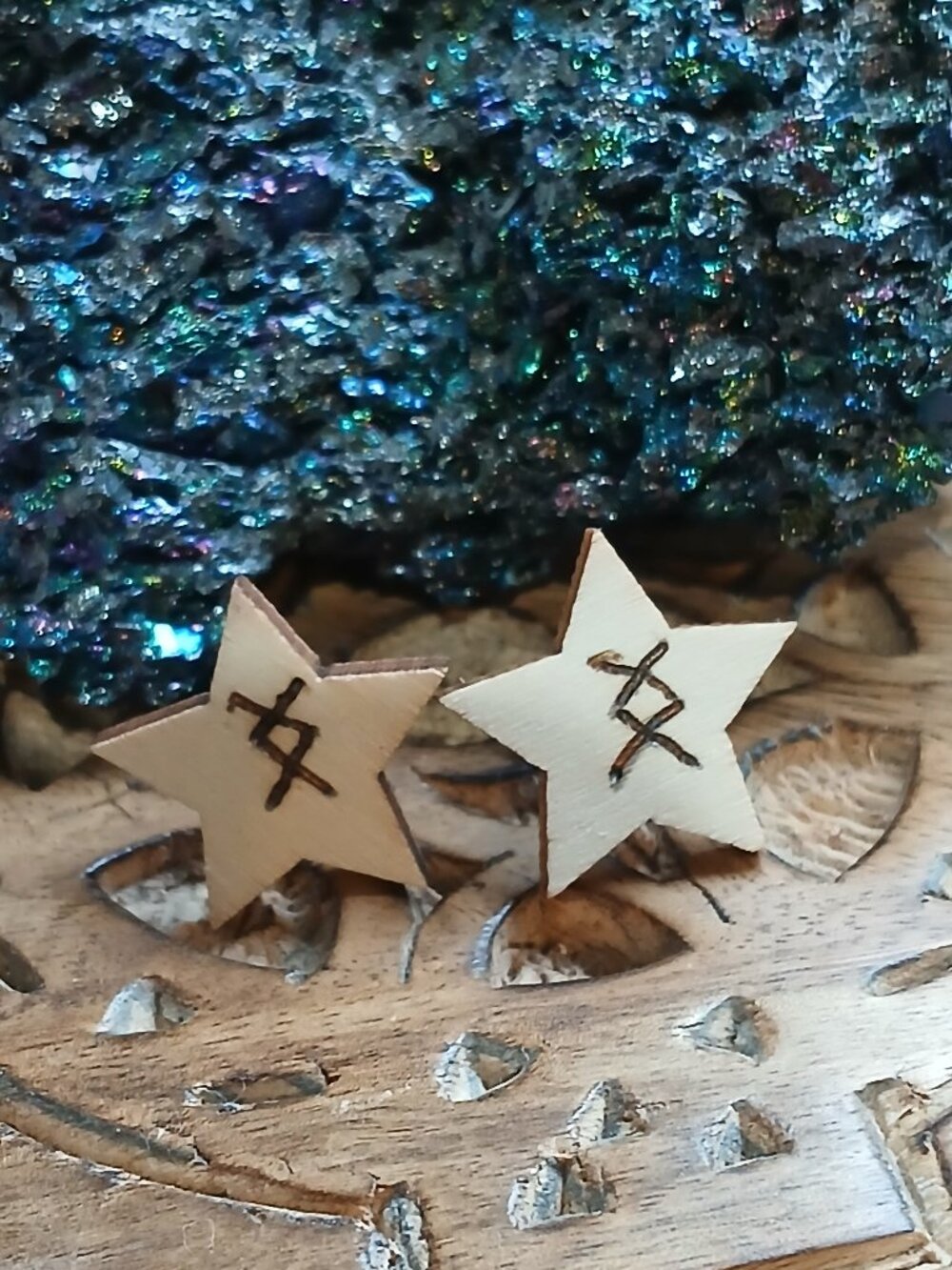 Inguz: Norse Runes wood burned stars hypoallergenic earrings